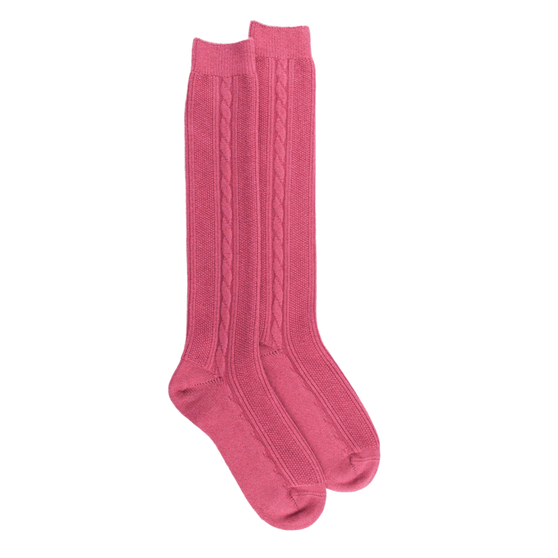 Calze lunghe da donna in lana vergine e cashmere tinta unita con motivo treccia - Rosa antico | Doré Doré