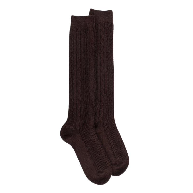 Calze lunghe da donna in lana vergine e cashmere tinta unita con motivo treccia - Marrone cioccolato | Doré Doré