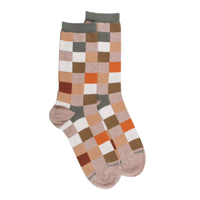 Calze da donna in cotone fantasia scacchiera - Beige Sahara | Doré Doré