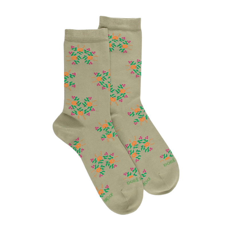 Calze corte da donna in filo di Scozia fantasia fiori - Verde salvia | Doré Doré