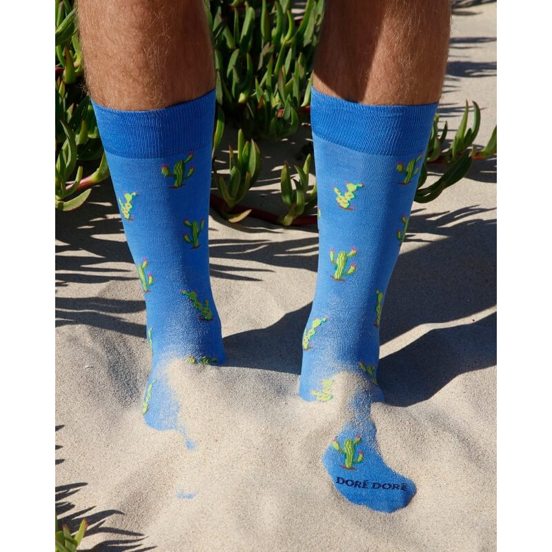 Calze corte da uomo in filo di Scozia fantasia cactus - Blu bacino | Doré Doré