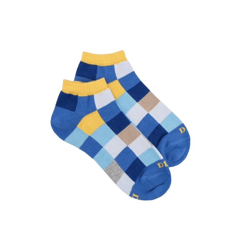 Calzini a quadretti in cotone per bambini - blu bacino e giallo papaya Doré Doré