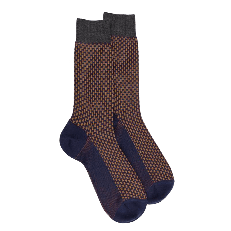 Chaussettes homme en laine à motif à trois couleurs - Bleu caban & gris étain | Doré Doré