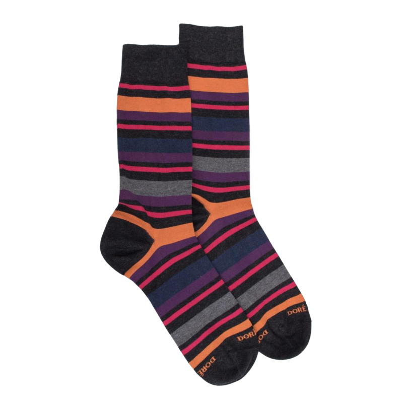 Chaussettes homme en coton avec motif rayure - Gris anthracite & Cerise | Doré Doré