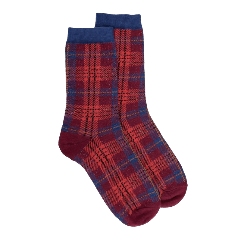 Calze da donna in cotone fantasia tartan effetto brillante - Rosso amaranto | Doré Doré